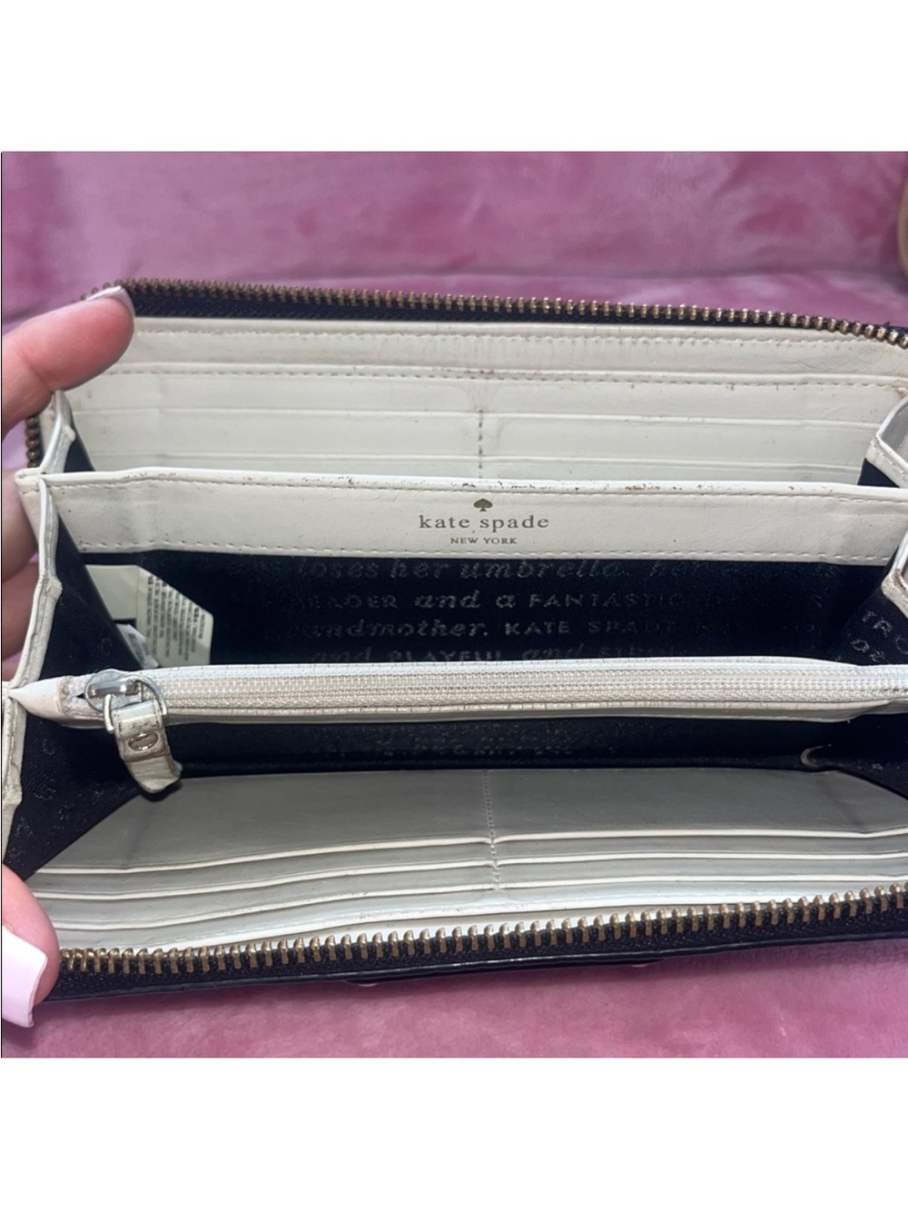kate spade Storybook Lining Black and Cream Pebbled Zip Wallet - Picture 5 of 12
